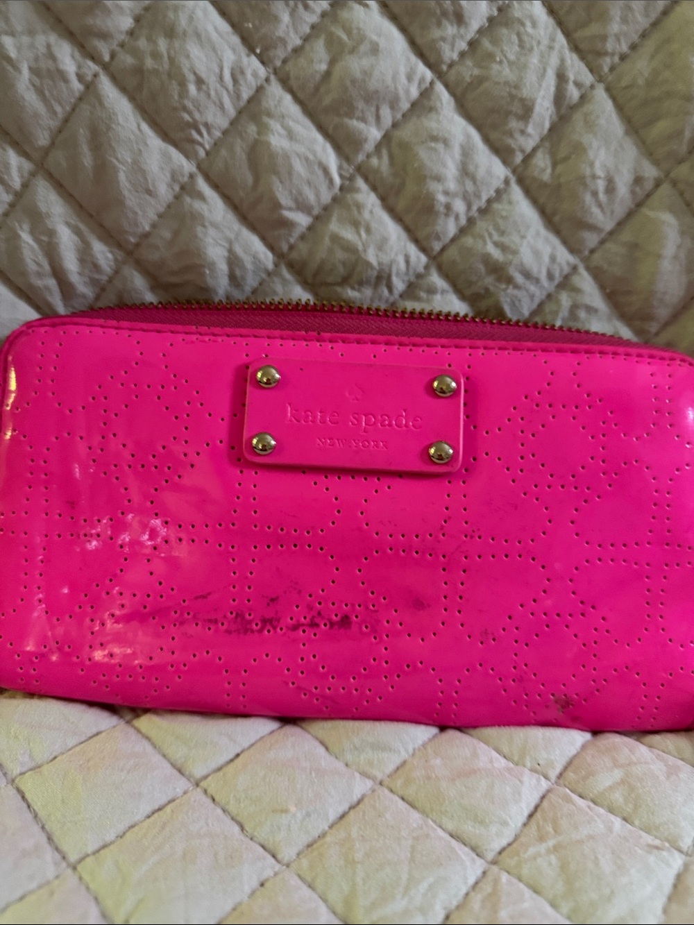 kate spade Neon Pink Patent Zip Wallet with Perforated Floral Detail